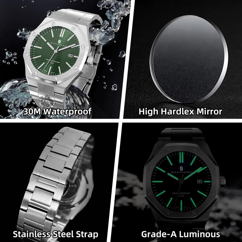 SAPPHERO Octagonal Stainless Steel Waterproof Luminous Wristwatch Luxury Analog Quartz Watch with Date Display Dress Business Watch Casual Luxury