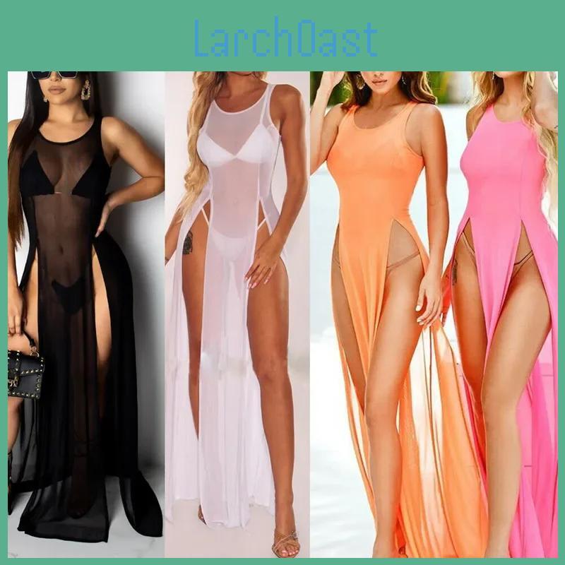 Sheer Mesh Long Womens Sexy Dress Ladies Bikini Cover Up Beach Sundress Solid Seethrough Long Dress Sleeveless Strap Dress