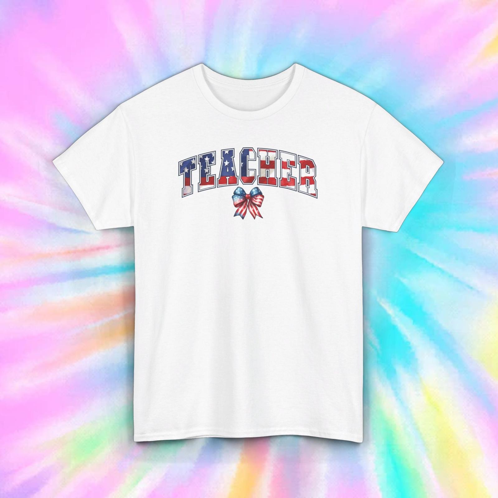 Patriotic Teacher T-Shirt Mens Womens Tees Top | American Flag Bow Graphic | USA Pride Tee | S-5XL 3XL