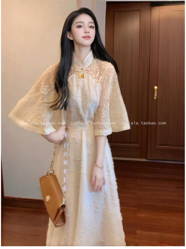 2025 Modernes Cheongsam-Kleid im chinesischen Stil mit Jacquardmuster, Übergröße, Sommerausgabe - Damen-Langkleid mit Taillenraffung