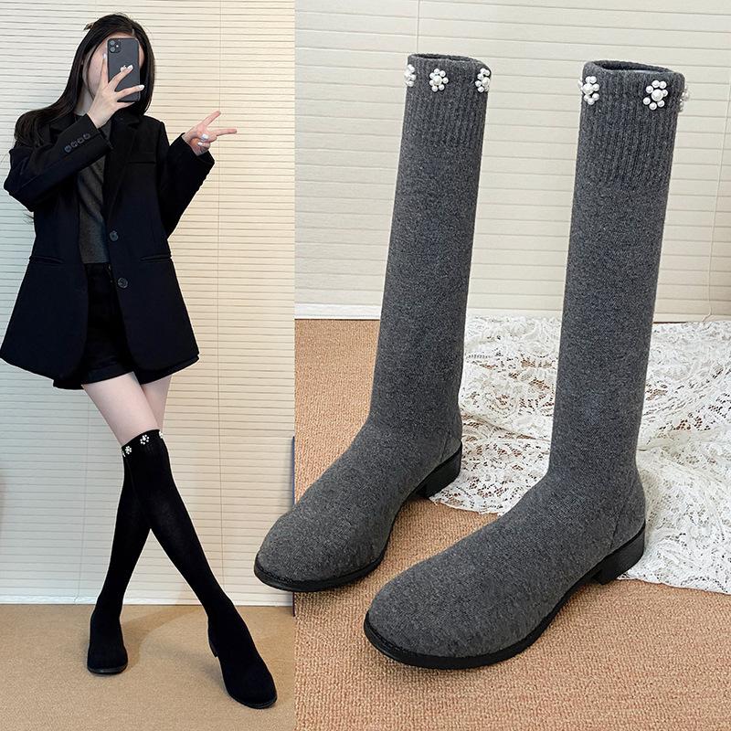 Fashion versatile retro square head thick heel heightened boots autumn and winter new simple pearl fashion boots socks boots