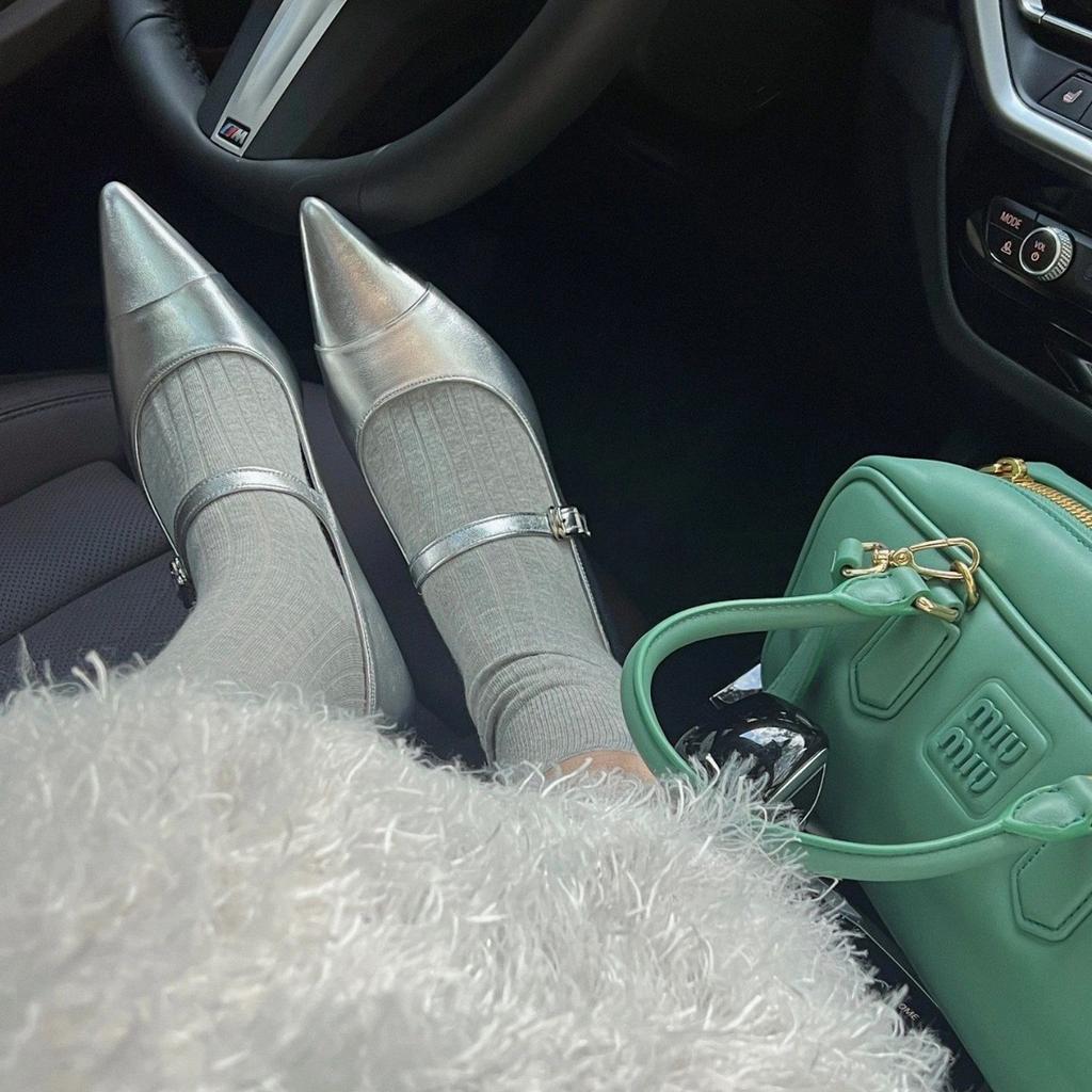 Cowhide version~ French leather wedge high heels women's thick heel platform silver Mary Jane single shoes pointed shoes ladyshoes