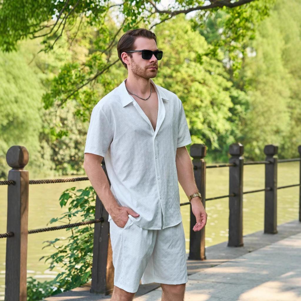 Stand-up Collar Button Short-sleeved T-shirt, Shirt And Shorts Set