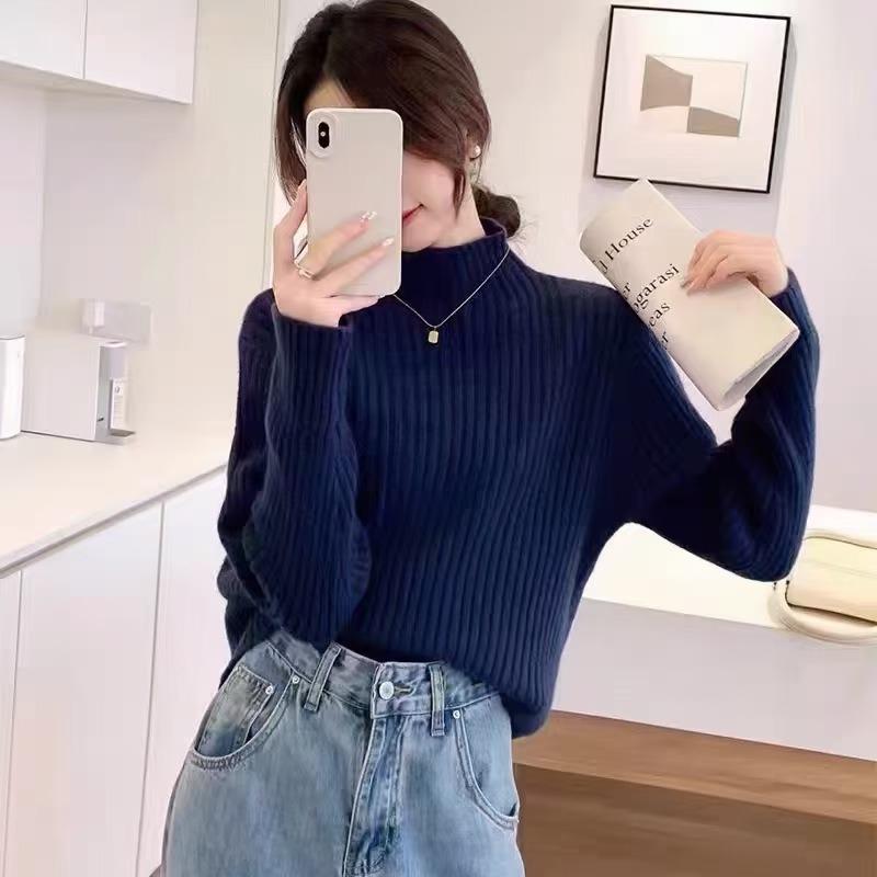 Fine Flash Thickened Semi-turtleneck Knitted Bottoming Shirt Autumn and Winter New High-end Soft Waxy Sweater Pullover with Female Inside