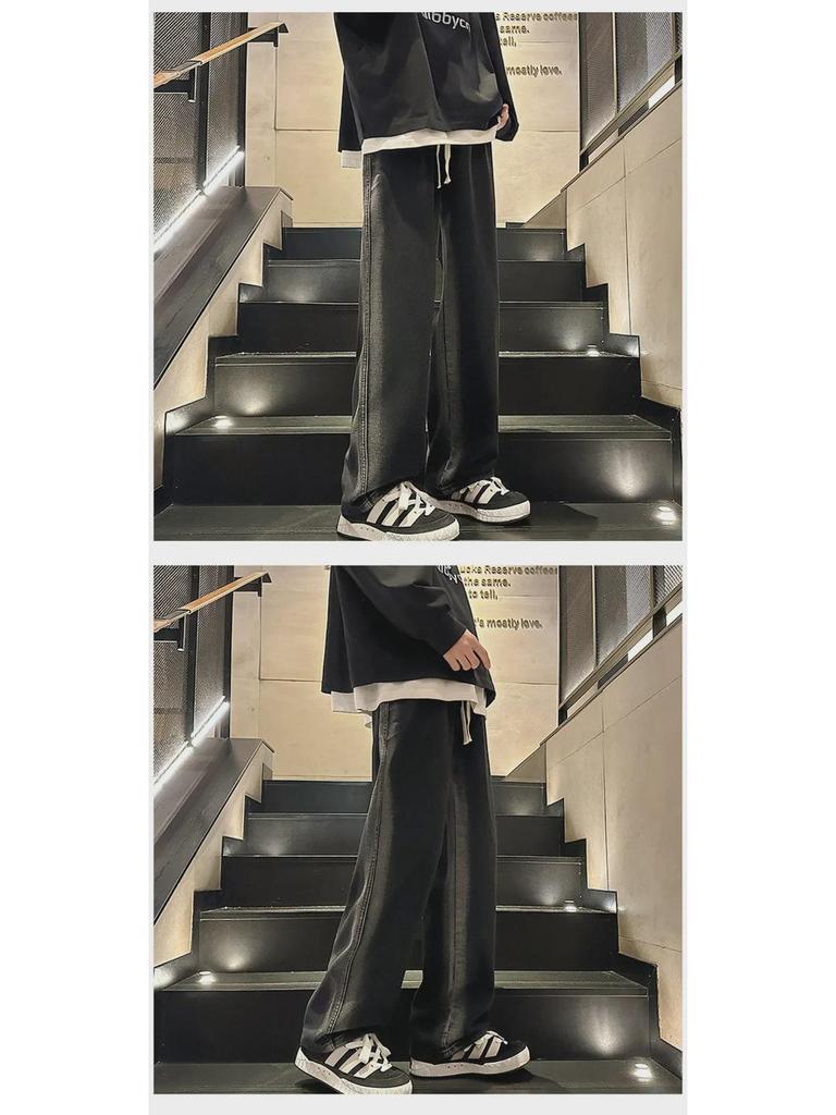 Męskie jesienno-zimowe koreańskie luźne jeansy casual z szerokimi nogawkami