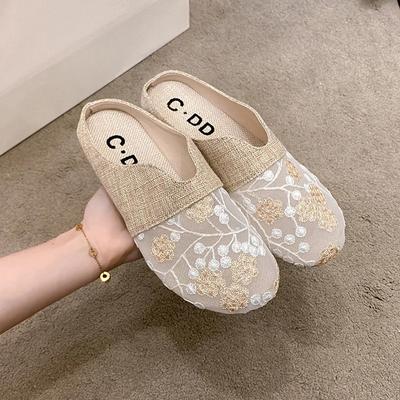 Female Shoes Ladies' Slippers Flower Low Fretwork Heels Cover Toe Loafers  Flat Summer TPR PU Floral Fabric Slides Round Cot