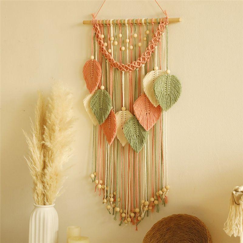 Good-Multicolor Leaves Tapestry Boho Hand Woven Macrame+Wooden Beads Crafts Wall Hanging Nordic Home Decoration Mother Day
