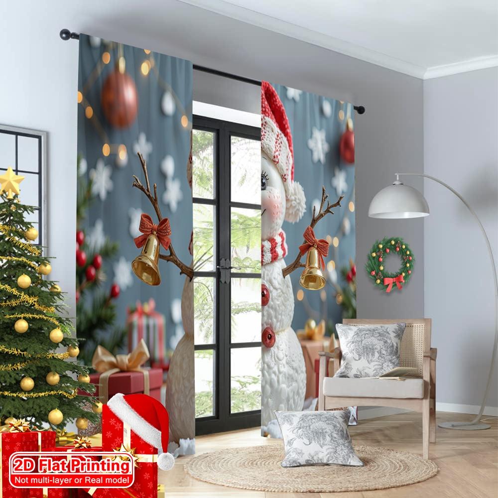 2pcs 2D Flat Printing Merry Christmas Window Curtains Cute Snowman Christmas Bells 100% Polyester Fabric Without Electricity