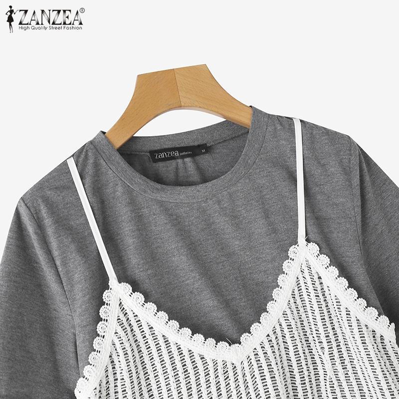 ZANZEA Womens Casual Patchwork Lace Crochet Summer Short Sleeve T-shirts