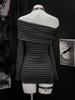 European and American Striped Slim-Fit Dress, Waist-Cinching Short Bodycon with Long Sleeves