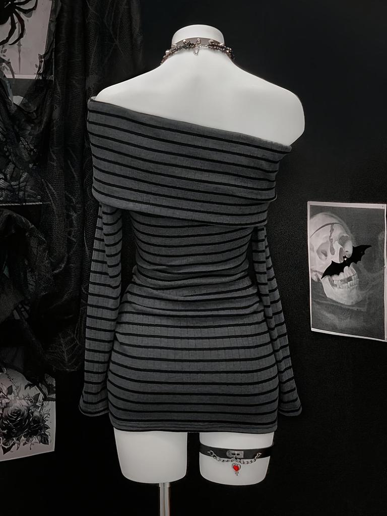 European and American Striped Slim-Fit Dress, Waist-Cinching Short Bodycon with Long Sleeves