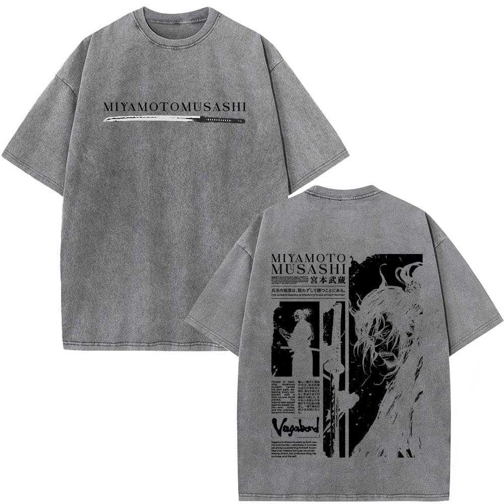 Anime Vagabond Miyamoto Musashi Vintage Washed Tshirts Men Women Clothing Fashion Casual Short Sleeve Oversized ONeck T Shirts