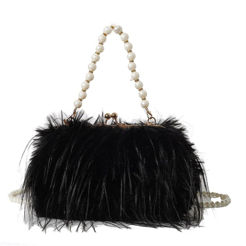 

Pearl Chain Faux Fur Handbag Trendy Long Tassel Plush Shoulder Bag Fashion Female Furry Large Capacity Tote Handbag чёрный