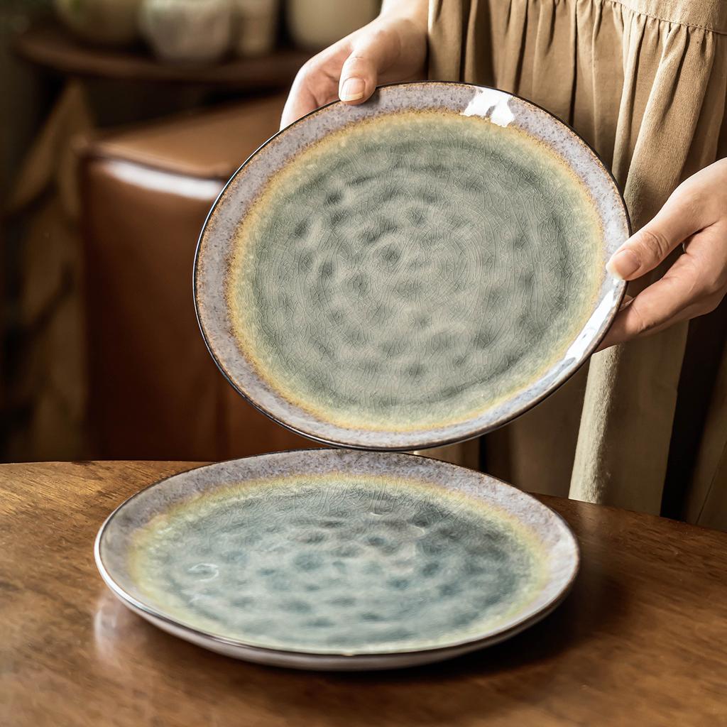 Retro Ice Crack Glaze Plate Ceramic Plate Characteristic High Value Dish Plate Household Round Salad Plate Breakfast Plate Tableware