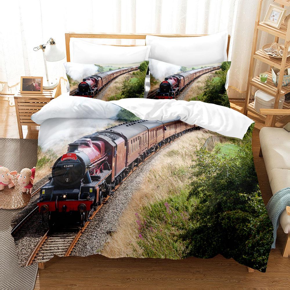 Steam Engine Duvet Cover Set Black Smoke Vintage Locomotive Train Picture King Queen Size For Kid Boy Girl Polyester Bedding Set