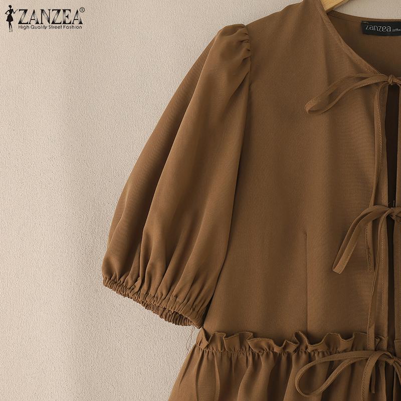 ZANZEA Bluză casual de damă cu șireturi, cu gât rotund, transparentă, de vară, cu mânecă scurtă