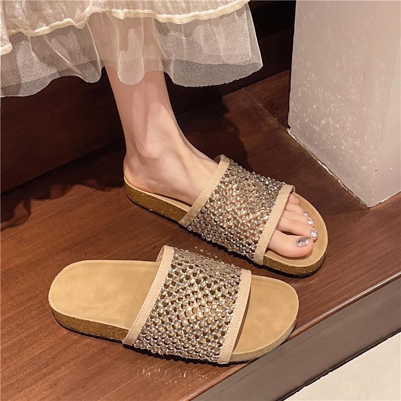 Women Flat Slippers Bright Rhinestone Sandals Mesh Designer Luxury Beach Shoes Outdoor Walking Slippers Ladies Slides Women