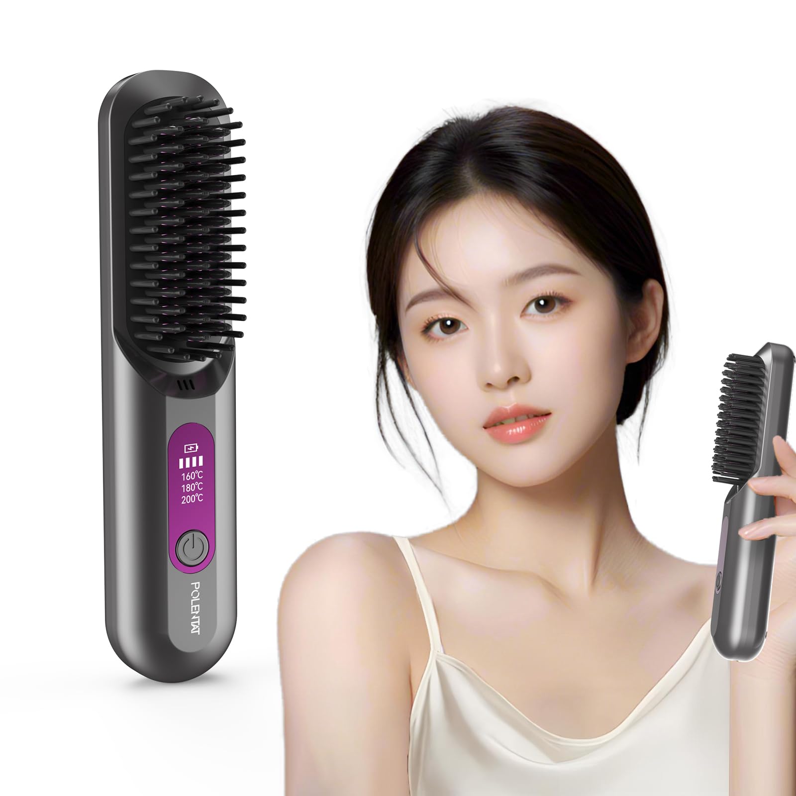 

POLENTAT Cordless Heated Hair Brush with 200 Million Negative Large Temperature Ceramic Easy Fast Hair Care Ions, Capacity, Type-C Connector, 160-200℃