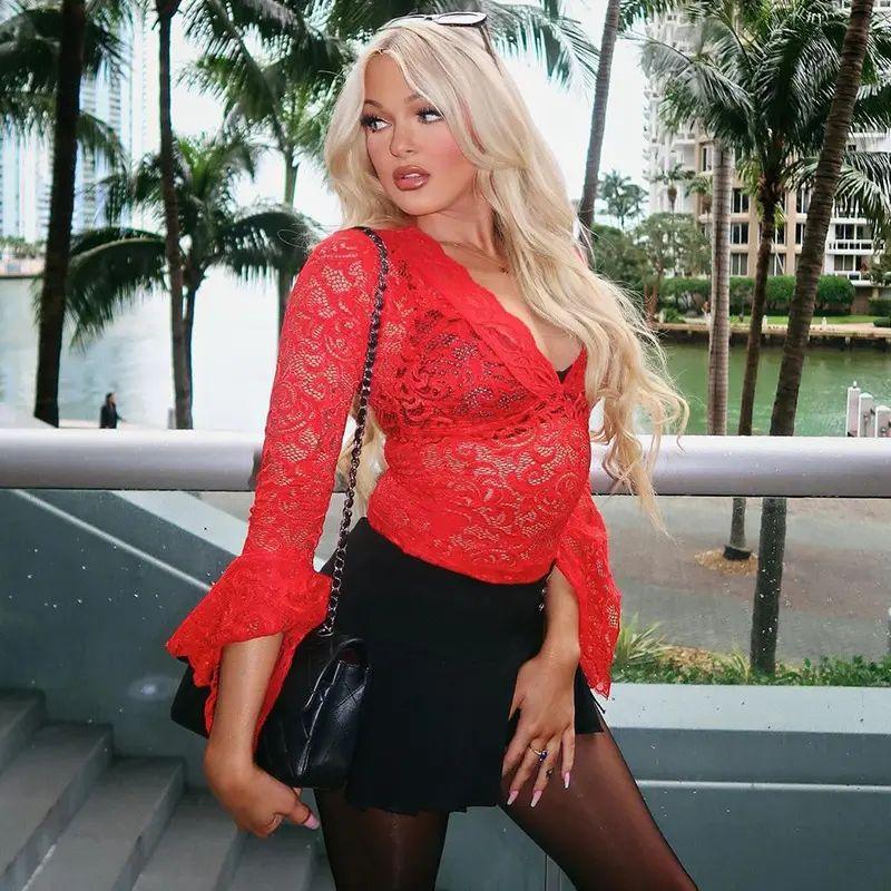 

European and American Gyaru Pure Desire Style Top Sexy Slim fit V-neck Bell Sleeve Lace Shirt Lace Shirt Summer Red(Perspective) L