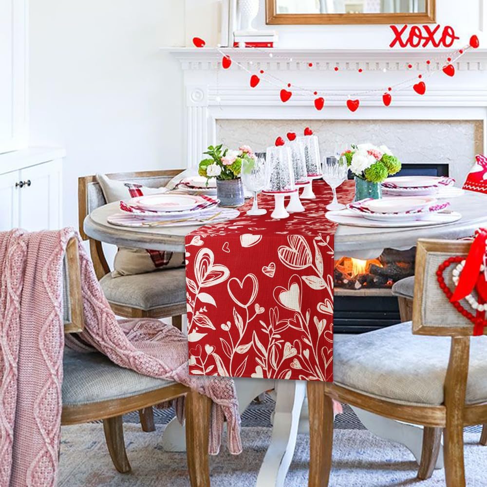 Valentine’s Day Red Heart Love Plant Table Runner 13x72 Inch , Holiday Kitchen Dining Tabletop Runners for Home Indoor Farmhouse Decoration