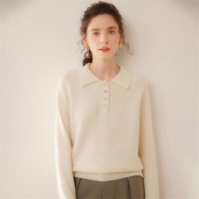 Lekasha Women's Cashmere Wool Button Polo Collar Loose Pullover Sweater for Autumn/Winter