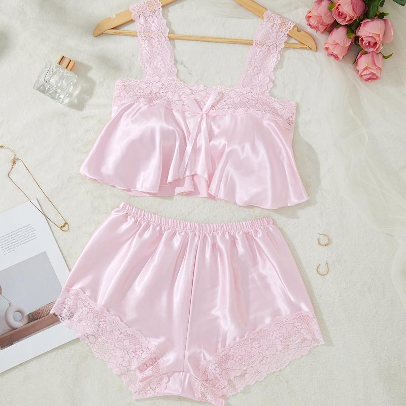 Womens Satin Lace Trim Pajamas Set 2 Piece Soft Silk Bow Cami Tank Top Shorts Sleepwear Set Lingerie Shorts Silk Pjs Breathable Summer Nightwear