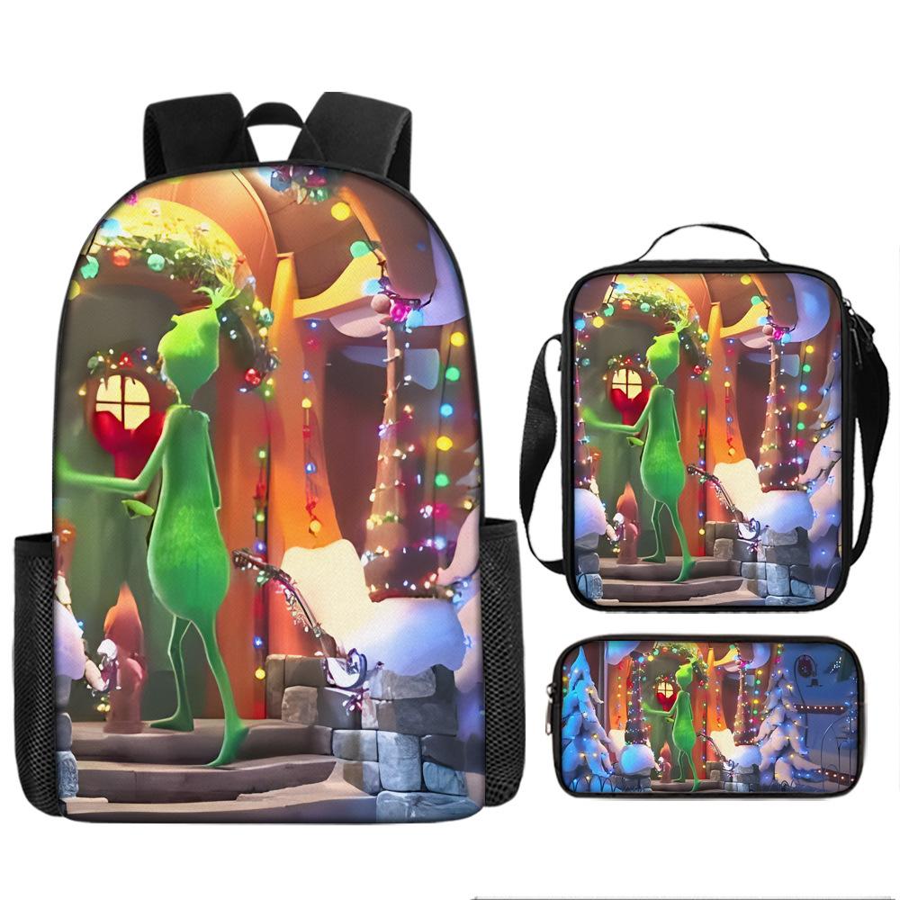 Green Hair Monster Grinch School Bag Campus 12345th and 6th Grade Backpack Lightweight Weight Loss Computer Bag Three-piece Set