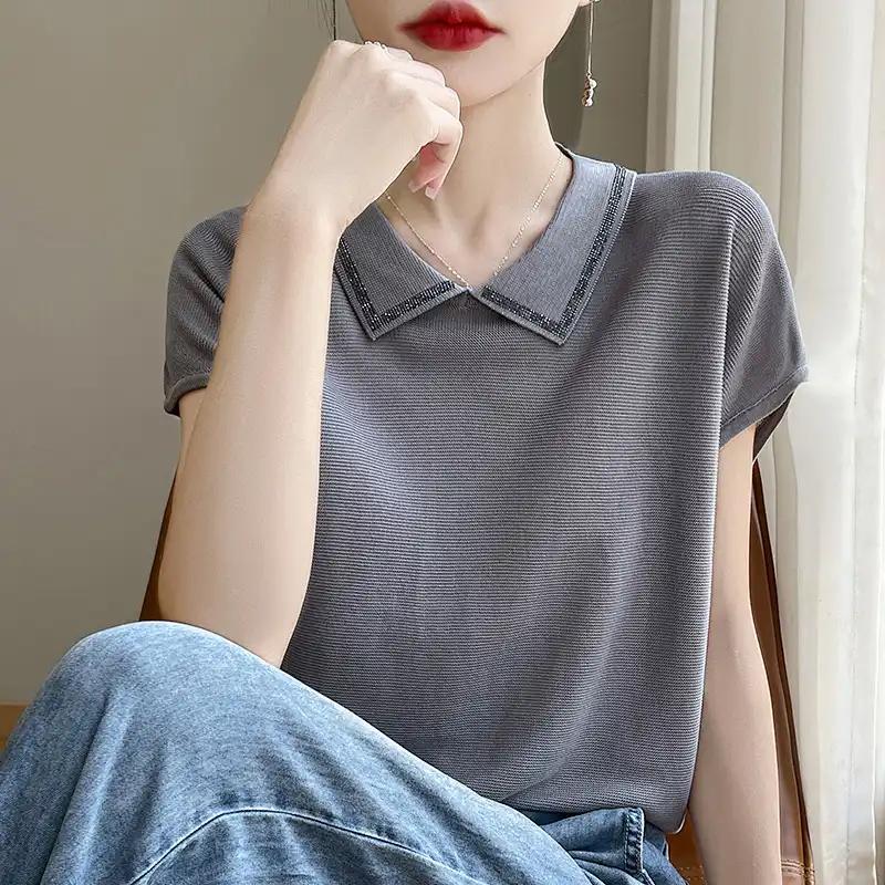 Nuova T-shirt Sottile a Maniche Corte All-Match Primaverile da Donna Nuova Maglietta Base da Donna Top Largo ed Elegante con Collo a Revers