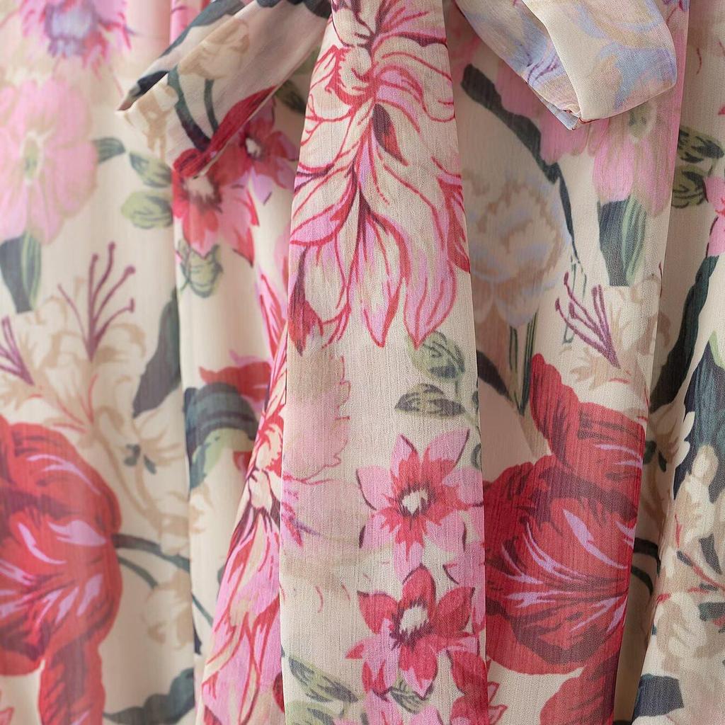 Spring 2025 Floral Print Belted Midi Dress with Bow Collar and Long Sleeves for Women.