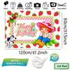 2D Cute Strawberry Girl Backdrop, Cartoon Dog & Strawberry "Happy Birthday" Photography Background for Kids