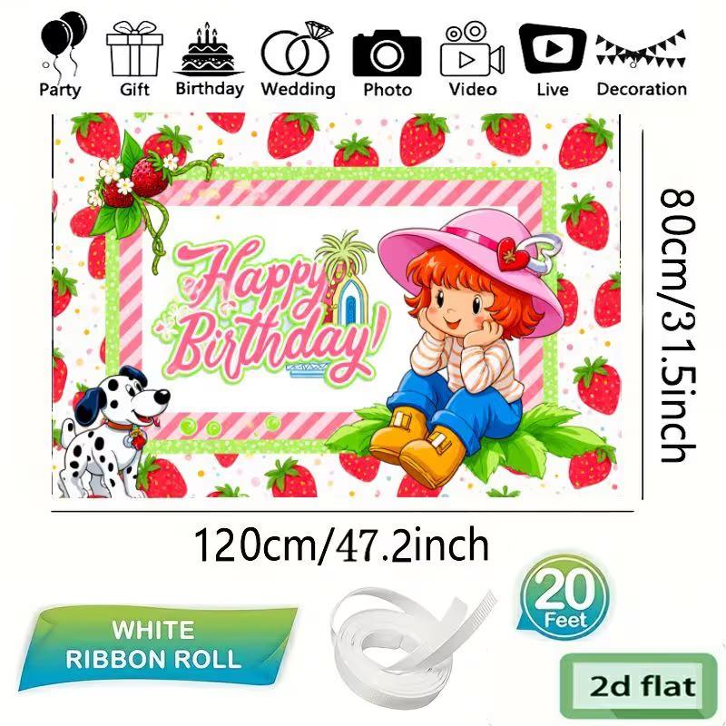 2D Cute Strawberry Girl Backdrop, Cartoon Dog & Strawberry "Happy Birthday" Photography Background for Kids
