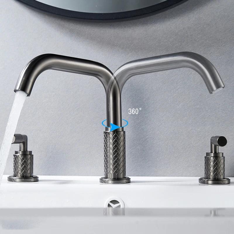 Gray Basin Faucets Brass Antique Bathroom Faucet Brushed Gold Sink Faucets 3 Hole Hot And Cold Black Waterfall Faucet Water Tap