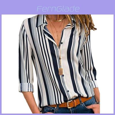 Elegant Women Autumn Striped Floral Button V Neck Long Sleeve T Shirt Casual Blouse