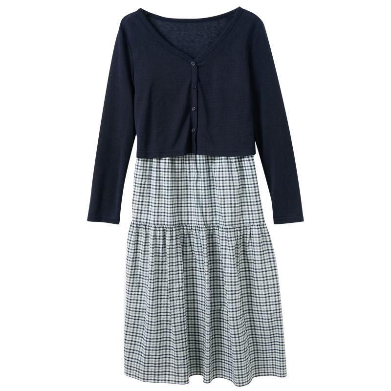 

Plaid Camisole Dress & Knitted Cardigan Set S