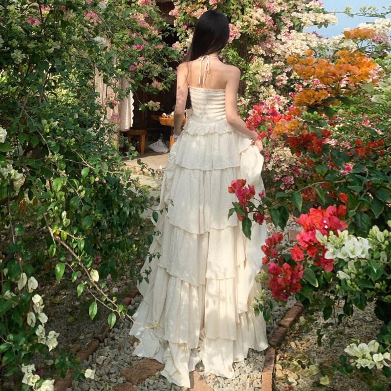 French Beautiful Seaside Vacation Neck Sling Dress Fairy Summer Birthday Engagement Evening Dress Beach Dress
