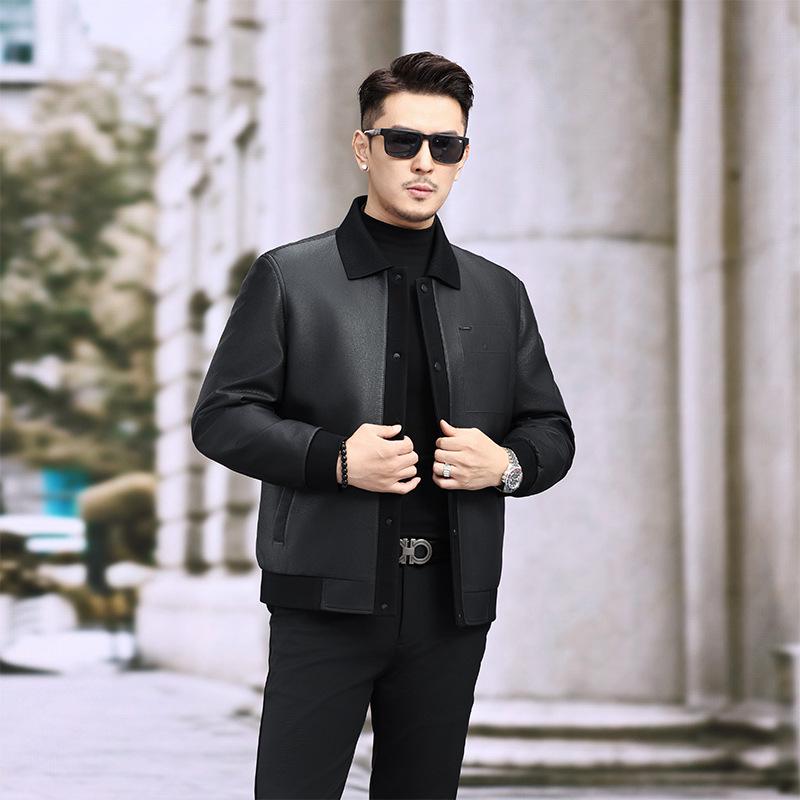 

Men s High-End Autumn/Winter Short Lapel Down Jacket - Casual Thickened Soft Leather Outerwear for Middle-Aged and Young Adults L чорний