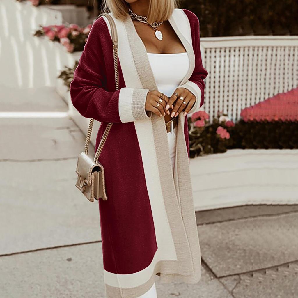 Women's  And Winter Women's Solid Color Stitching Long-sleeved Cardigan Knitted Sweater