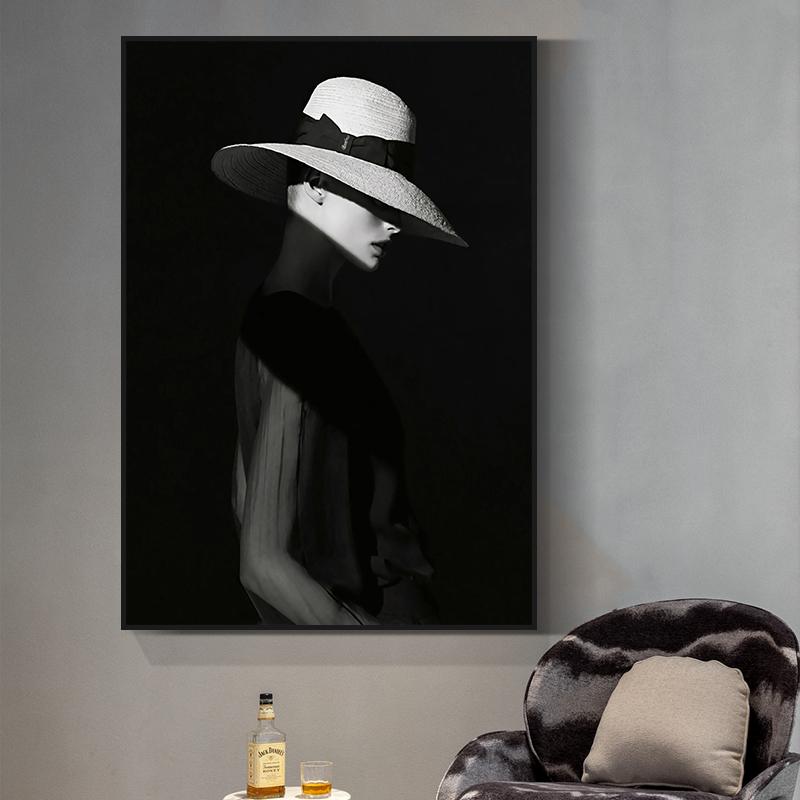 Modern Black and White Sexy Smoking Women with Red Lip Hat Canvas Painting Wall Art Pictures for Living Room Cuadros Home Decor