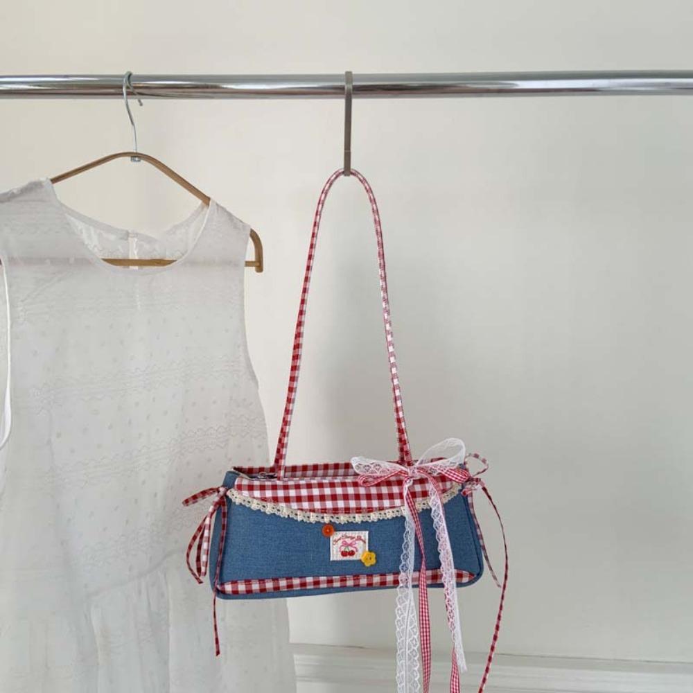 Denim Blue French Stick Handbag Sweet Cloth Underarm Bags Portable Plaid Shoulder Bag Daily