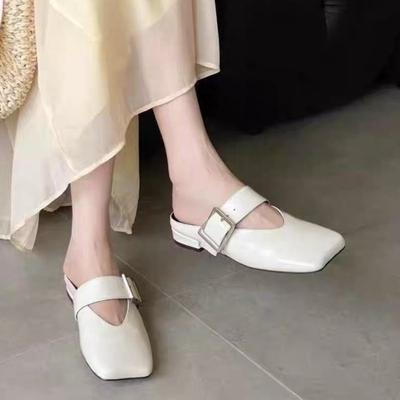 Fashion Spring New Shallow Slippers Women's Shoes Women's Versatile Fashion Square Toe Metal Buckle Soft Sole Block Heel Shoes