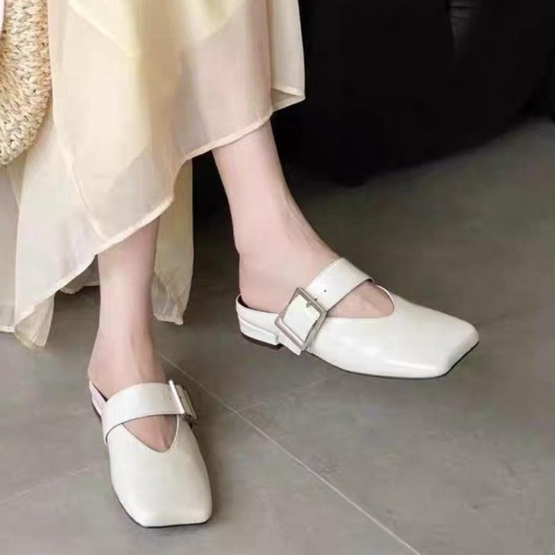 Fashion Spring New Shallow Slippers Women's Shoes Women's Versatile Fashion Square Toe Metal Buckle Soft Sole Block Heel Shoes