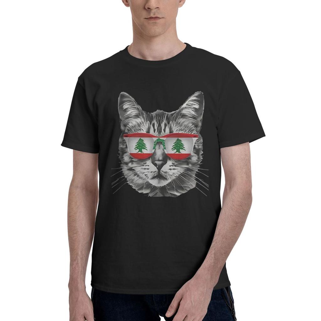 Lebanese Flag Cat 100 Cotton Casual Breathable Confortable Vintage Funny Mens TShirt Funny Shirt