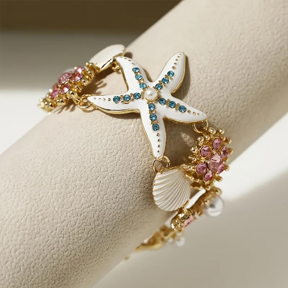 1PC Bohemian Beach Bracelet with Starfish, Coral and Shell Jewelry - Gold KC Plated Nautical Jewelry, Blue Pink Crystal