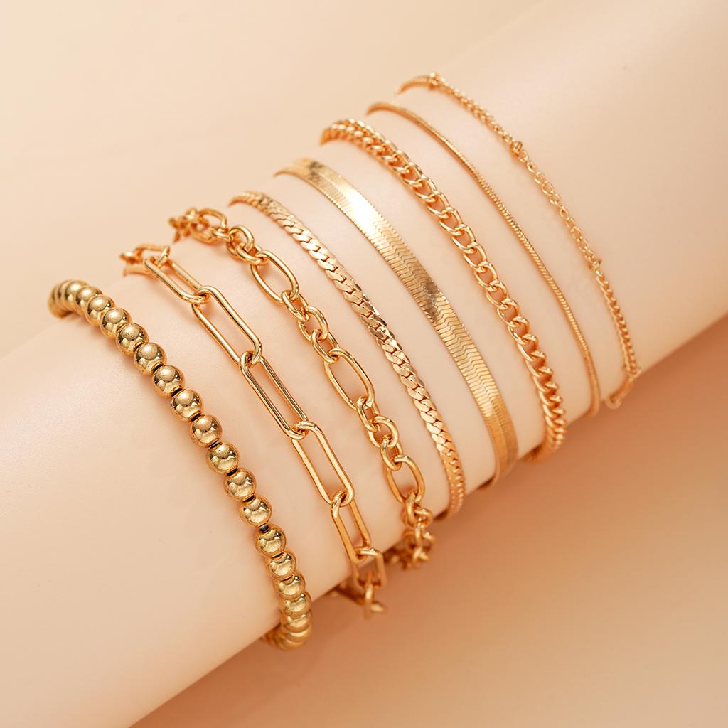 8 Pcs Gold Color Bracelet Set Boho Retro Thick Twist Cuban Beaded Chain Bracelet for Women 2025 Trendy Quality Jewelry Gifts