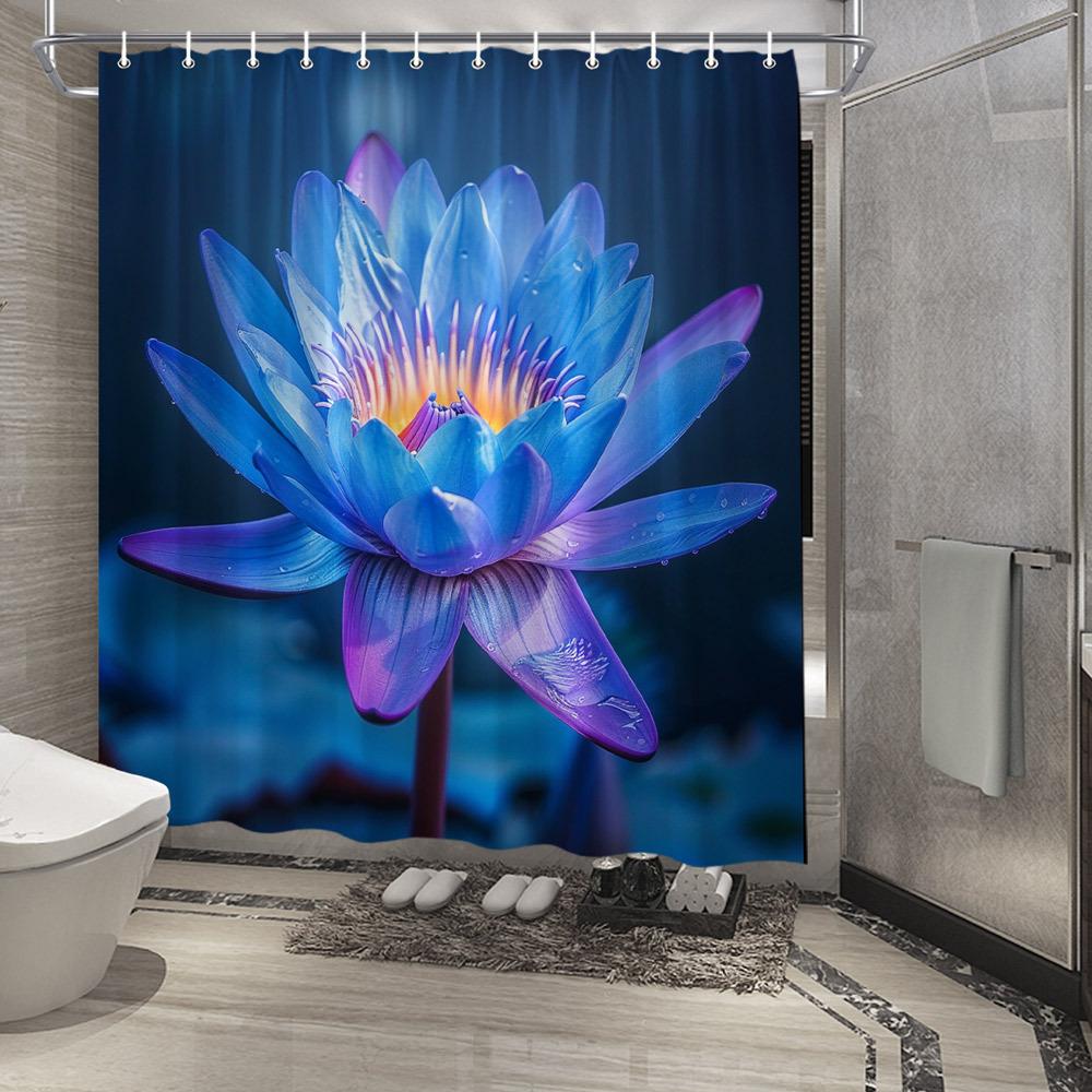 

1Pc Vibrant Water Lily Shower Curtain - Deep Blue To Purple Gradient With Radiant Orange And Yellow Center, Fresh Nature Photogr W60H190(CM)-1 Pcs