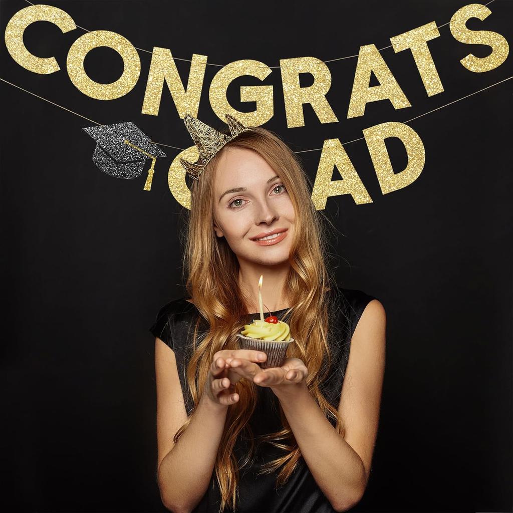 Congrats Grad Banner Gold Glitter Pre-Strung Congrats Grad Sign - 8ft -No DIY - Graduation Party Decorations for Class of 2025 Graduation Decorations