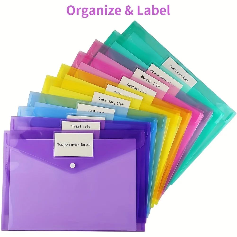 A4 Folders Plastic Envelopes Clear File Folder for Document Poly File with Label Pocket Snap Button for Office Organizer