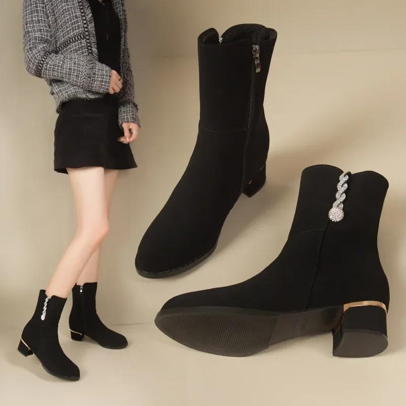 Fashion Comemore Chunky Heel Boots Women Autumn Winter Fashion Black Suede Single Short Botas Rhinestone 4cm Medium Heel Botines Mujer