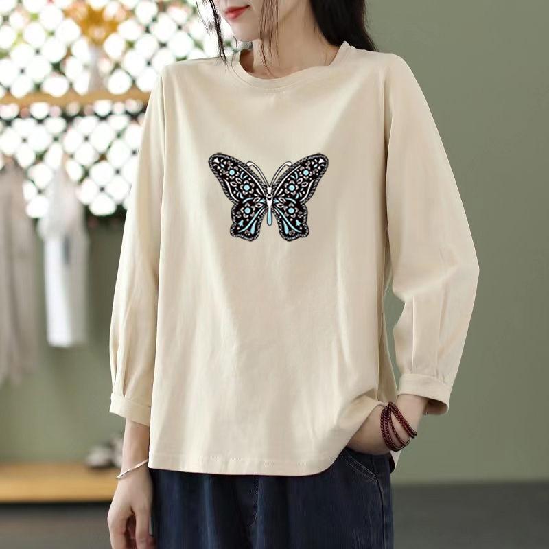 Tricou de bumbac cu mânecă imprimată pentru femei, de primăvară-toamnă, versiune coreeană, culoare uni, croială largă, supradimensionat, subțiere, mânecă medie, gât rotund, top