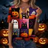 Womens Halloween Print V Neck Short Sleeve T Shirt Button Detail Casual Loose Fit Top for Everyday Wear